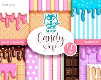 Candy Shop Digital Papier: Süßigkeiten, Eis Hintergrund (digitaler Download)