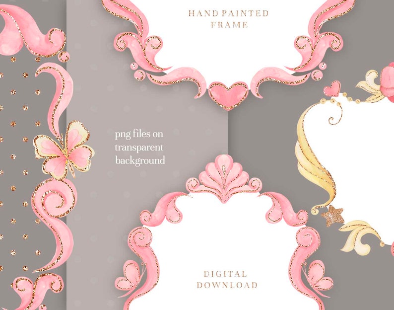 Watercolor Princess Frame Clipart: Pink Floral Glitter Frames (PNG ...