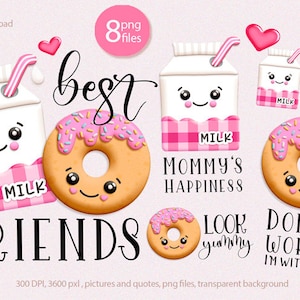 Best friends clipart, Kawaii png, Milk and donut clipart, Digital download.