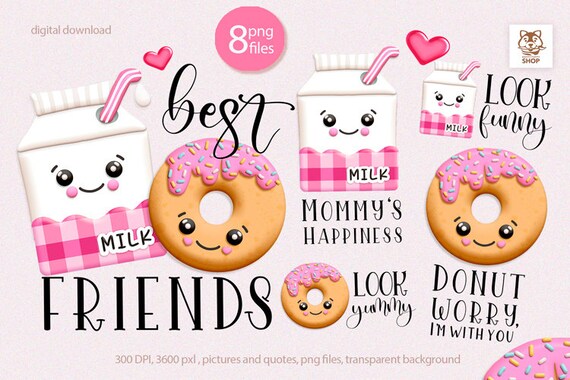Kawaii Milk and Donut Clipart, Funny Quotes PNG (Digital Download)