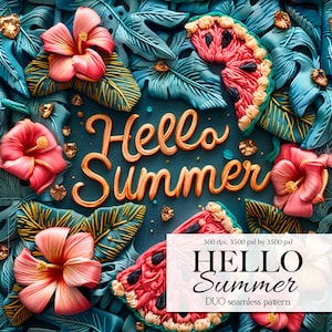 3D シームレス パターン、Hello Summer シームレス パターン、スイカとパイナップル、デジタル ペーパー、デジタル ダウンロード