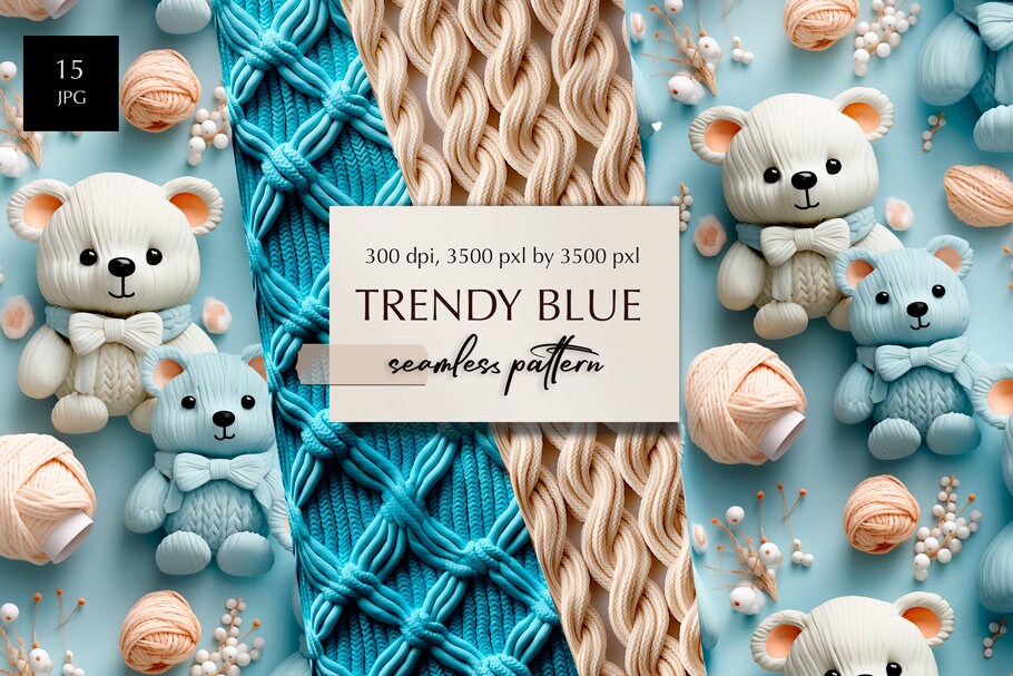 Teddy Bear Seamless Pattern, 3d Blue Digital Papers, DIGITAL DOWNLOAD ...