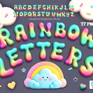 May include: Rainbow alphabet letters in a 3D cartoon style. The letters are colorful and have a glossy finish. The letters are arranged in a semi-circle shape. There are 37 PNG files included in this set.