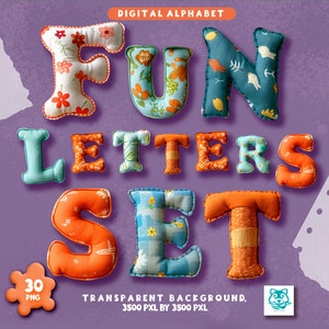 Dessin animé lettres png, alphabet pour coussin en tissu, clipart lettres mignonnes, téléchargement immédiat