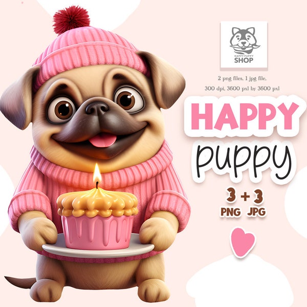 Pug clipart, Funny dog png, Puppy clipart, Birthday clipart, Digital download.