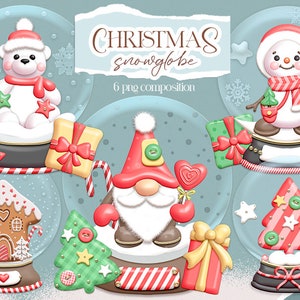 Clipart Wesołych Świąt, Clipart kuli śnieżnej, Kula śnieżna png, Bożonarodzeniowy skrzat i bałwan, Choinka i niedźwiedź polarny, Pobieranie cyfrowe.