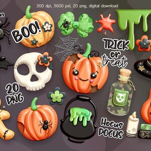 May include: A set of 20 Halloween-themed digital clipart images. The images include pumpkins, bats, a witch's hat, a skull, a gingerbread man, a cauldron, a spider, and more. The images are in a cartoon style and are perfect for use in digital scrapbooking, card making, and other craft projects.