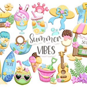 Op de afbeelding: Een set van 30 digitale clipart-afbeeldingen met een zomers thema. De afbeeldingen omvatten een bord voor een strandlimonade-tiki-bar, een surfboard met de woorden "Zon en Surf", een ananas met een zonnebril, een ijslolly, een strandtas, een ukelele, een emmer en een schep, een glas limonade, een krab, een hoed, een bloem, een palmboom en een stand met de woorden "Aloha" and "30 PNG".
