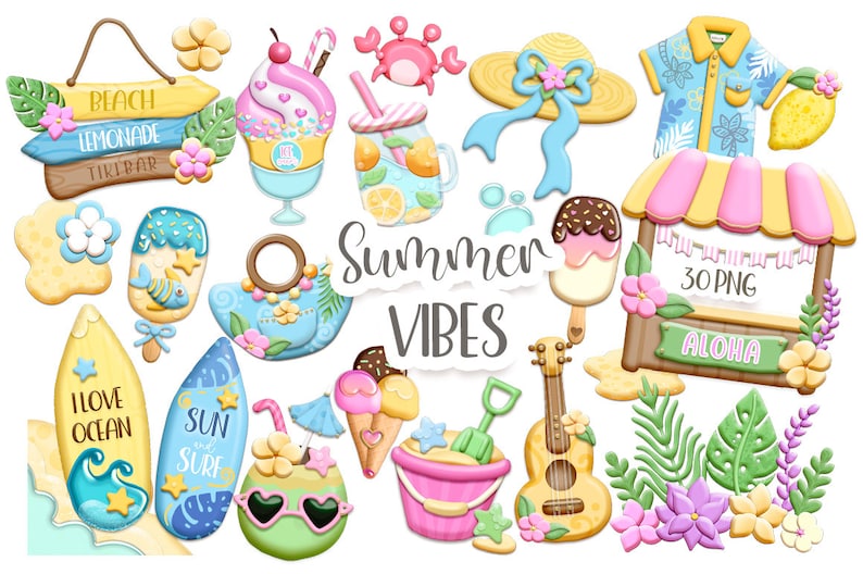 Op de afbeelding: Een set van 30 digitale clipart-afbeeldingen met een zomers thema. De afbeeldingen omvatten een bord voor een strandlimonade-tiki-bar, een surfboard met de woorden "Zon en Surf", een ananas met een zonnebril, een ijslolly, een strandtas, een ukelele, een emmer en een schep, een glas limonade, een krab, een hoed, een bloem, een palmboom en een stand met de woorden "Aloha" and "30 PNG".