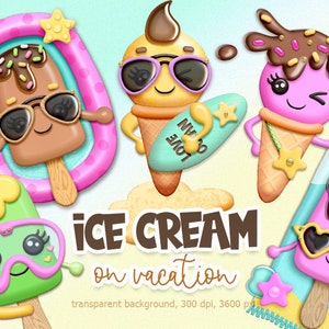 May include: Four cartoon ice cream cones with faces and accessories. The ice cream cones are wearing sunglasses, a snorkel and goggles, a fan, and a life preserver. The text "ICE CREAM on vacation" is below the cones.