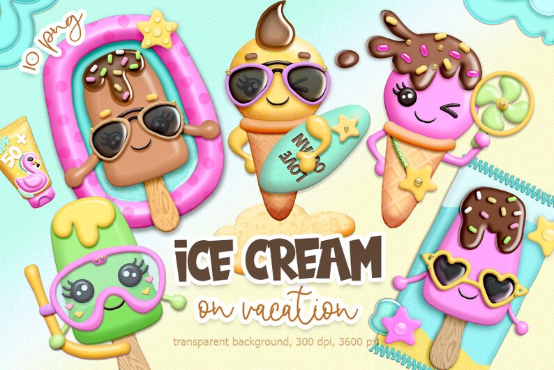 May include: Four cartoon ice cream cones with faces and accessories. The ice cream cones are wearing sunglasses, a snorkel and goggles, a fan, and a life preserver. The text "ICE CREAM on vacation" is below the cones.