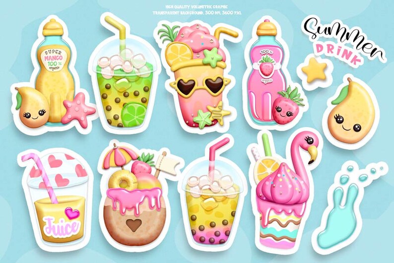 May include: A set of ten colorful stickers featuring summer drinks, fruits, and a flamingo. The stickers are designed in a cartoon style and feature various drinks, including a mango juice bottle, a green tea with boba, a pink smoothie with sunglasses, a pink strawberry drink, a pineapple smoothie, a yellow boba tea, a pink flamingo drink, and a mango with a smiling face. The stickers are perfect for adding a touch of summer fun to your planner, laptop, or water bottle.