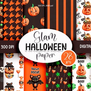 May include: A set of 28 digital Halloween themed papers featuring various patterns. The patterns include pumpkins, bats, candy, donuts, and spiders in orange, black, and white.