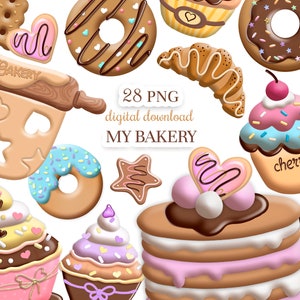 Clipart da forno, clip art da forno, ciambelle e cupcake png, biscotti e dolci al cioccolato, clipart glassa e granelli, download digitale.
