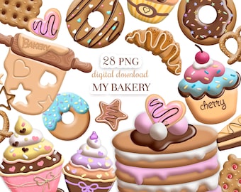 Bäckerei Clipart: Donut, Cupcake & Kekse PNG Grafiken (Digitaler Download)
