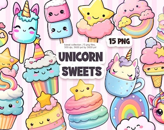 Imágenes prediseñadas kawaii, unicornio dulce png, imágenes prediseñadas de caramelo, Descarga digital.