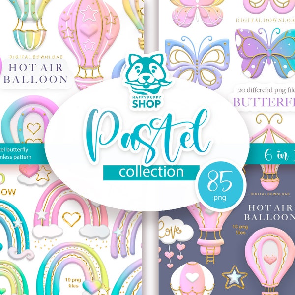 Pastel rainbow clipart, Pastel hot air balloons, Butterfly clipart, Pastel graphic bundle, DIGITAL DOWNLOAD