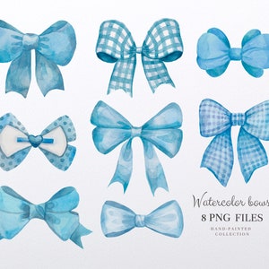 Watercolor blue bows clipart, Gingham bows clipart, bows png, Digital download