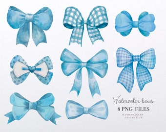 Watercolor blue bows clipart, Gingham bows clipart, bows png, Digital download