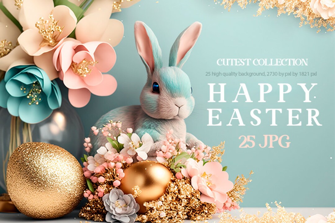 Happy Easter Clipart , Easter Bunny and Eggs Digital Wallpapers, Spring Flowers and Easter