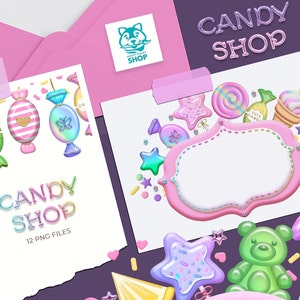 May include: A digital illustration of a candy shop theme with a pink background and colorful candy, lollipops, and a gummy bear. The text "CANDY SHOP" is written in a rainbow font.