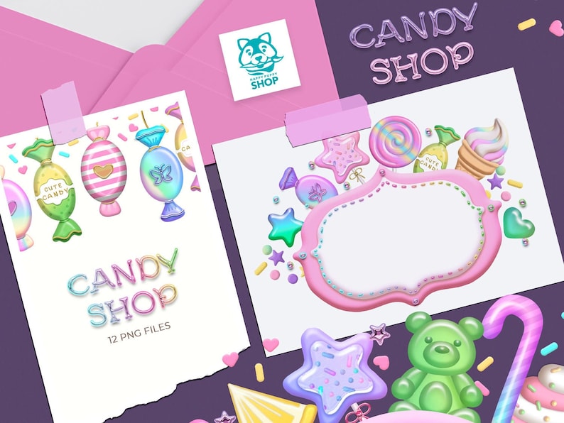 May include: A digital illustration of a candy shop theme with a pink background and colorful candy, lollipops, and a gummy bear. The text "CANDY SHOP" is written in a rainbow font.