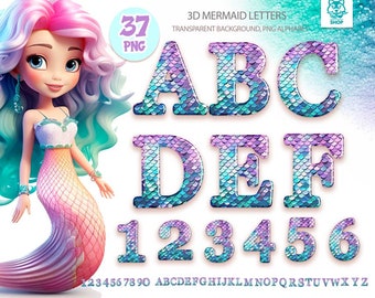 Puede incluir: 37 letras y números con temática de sirena en estilo 3D con un acabado iridiscente azul y morado. Las letras y los números están hechos para parecer escamas de sirena. El texto "3D MERMAID LETTERS" y "TRANSPARENT BACKGROUND, PNG ALPHABET" también se incluye en la imagen.