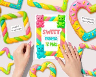 Imágenes prediseñadas de marco de Candy Land, malvavisco PNG, imagen de marco de osito de goma, descarga digital