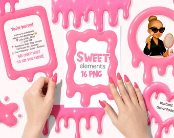 Goteo de helado rosa, imágenes prediseñadas de marcos dulces, borde goteando, descarga digital