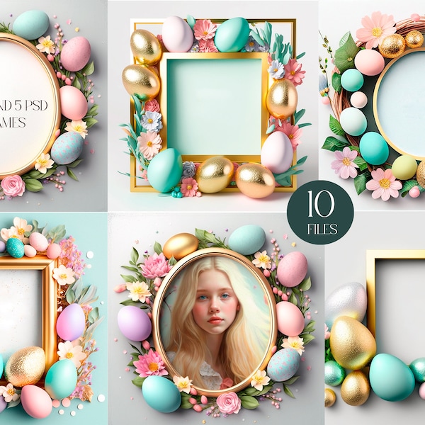 Happy Easter frames clipart, Spring flowers, Easter wreath and Easter eggs frame, Square and circle frames mockup
