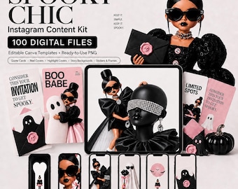 Kit de contenido de Halloween para Instagram: 100 plantillas de Canva y recursos PNG listos para usar en redes sociales.