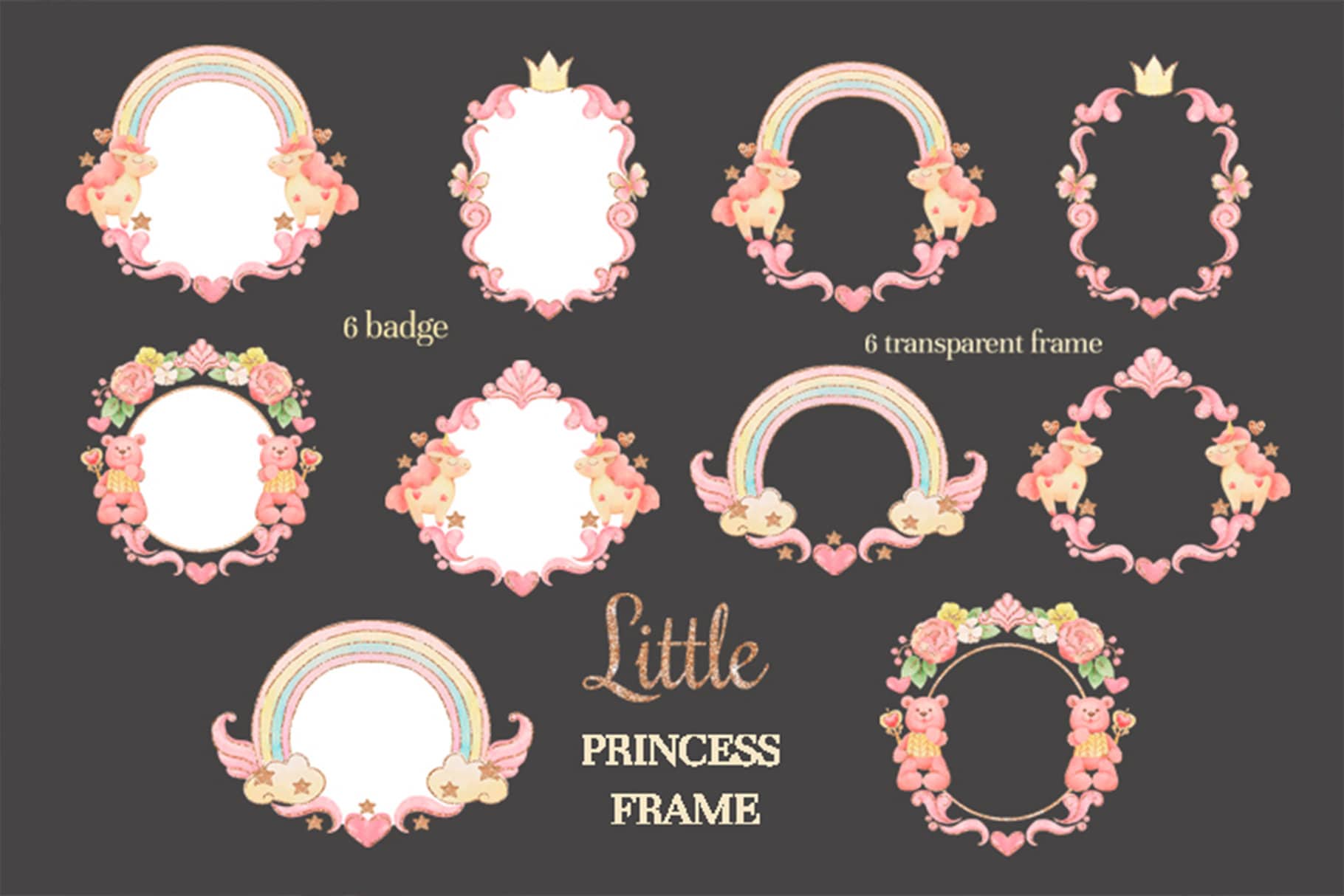 Princess Floral Frame Clipart: Watercolor Vintage Label (digital ...