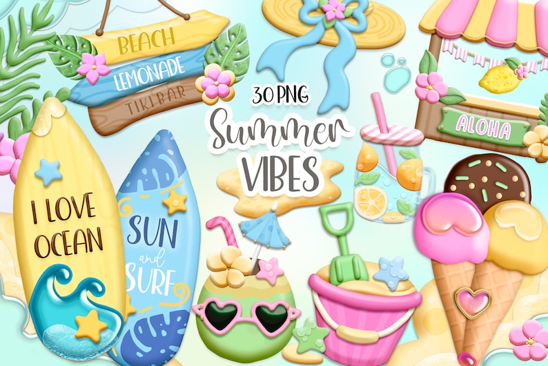 Op de afbeelding: Een set van 30 digitale clipart-afbeeldingen met een zomers thema. De afbeeldingen omvatten een surfboard met de tekst "I Love Ocean", een surfboard met de tekst "Sun and Surf", een limonadestand met de tekst "Aloha", een emmer en schep, een kokosnoot met een zonnebril, een glas limonade, ijshoorntjes en een bord met de tekst "Beach Lemonade Tiki Bar".