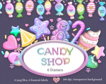 May include: A set of 12 digital illustrations featuring colorful candy-themed graphics, including lollipops, candy canes, gummy bears, and ice cream cones. The graphics are perfect for creating invitations, party decorations, or scrapbooking projects. The text "CANDY SHOP" is featured in a rainbow font.