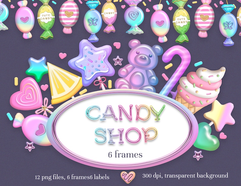 May include: A set of 12 digital illustrations featuring colorful candy-themed graphics, including lollipops, candy canes, gummy bears, and ice cream cones. The graphics are perfect for creating invitations, party decorations, or scrapbooking projects. The text "CANDY SHOP" is featured in a rainbow font.
