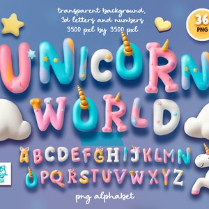 Clipart de letras de unicórnio, alfabeto e números de desenho animado, DOWNLOAD DIGITAL
