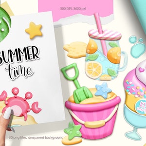 Op de afbeelding: Een set van 30 digitale illustraties met zomerse afbeeldingen, waaronder een glas limonade, een emmer en schep, een krab, een zeester, een blad, een ster en een ijshoorn. De illustraties zijn in cartoon-stijl en hebben een heldere, kleurrijke esthetiek. De tekst "SUMMER time" is in de afbeelding opgenomen.