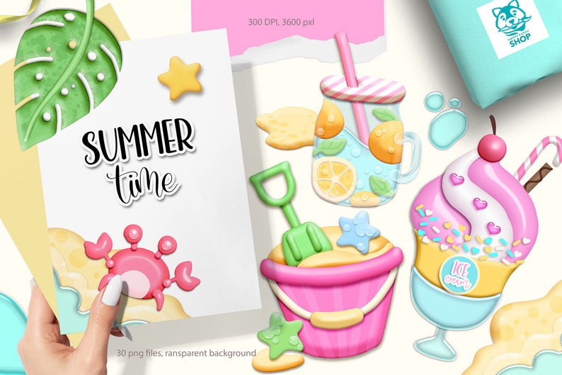 Op de afbeelding: Een set van 30 digitale illustraties met zomerse afbeeldingen, waaronder een glas limonade, een emmer en schep, een krab, een zeester, een blad, een ster en een ijshoorn. De illustraties zijn in cartoon-stijl en hebben een heldere, kleurrijke esthetiek. De tekst "SUMMER time" is in de afbeelding opgenomen.
