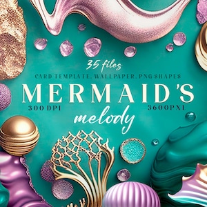 Clipart de sirène, clipart de formes abstraites, sous fond de mer et graphique de feuille d'or, téléchargement numérique.