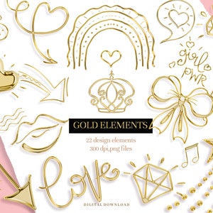 Feminine Design Elemente, Gold Element Clip Art, Girl Doodles Clipart, Fashion Circuit png, golden digital overlay, DIGITAL DOWNLOAD