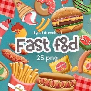 Food clipart, fast food clip art, Pizza and burger png, ice cream and donut files, hot dog and taco png, digital download