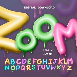 以下が含まれることがあります： 垂れた塗料の効果を持つカラフルなアルファベットフォント。文字は黄色、緑、ピンク、青、紫など、さまざまな色です。フォント名は「Zoom」で、2600ピクセル&times;300dpiです。