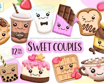 Kawaii clipart, sweet coupe png, coffee and donut, chocolate bar and milk, boba tea and cake, best friends clipart, Digital download.