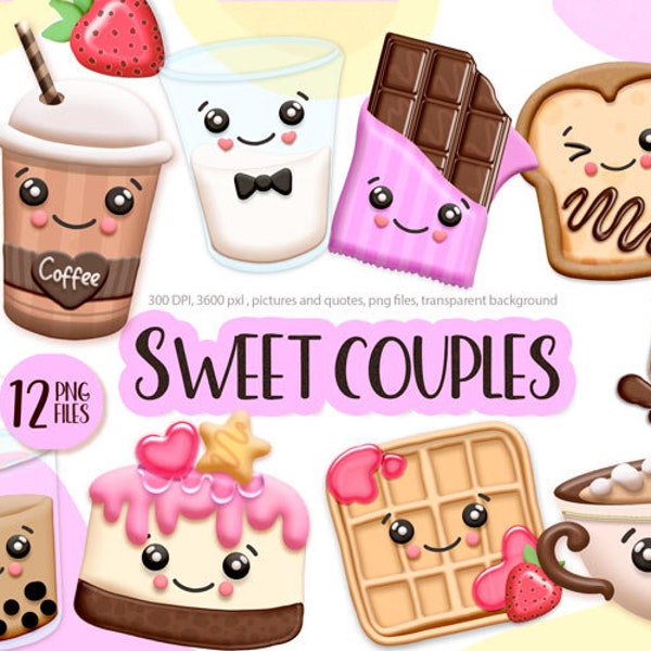 Kawaii clipart, sweet coupe png, coffee and donut, chocolate bar and milk, boba tea and cake, best friends clipart, Digital download.