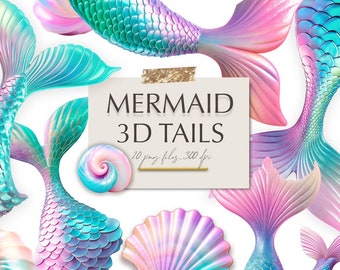 Puede incluir: Un conjunto de 20 imágenes digitales de colas de sirena iridiscentes en varios colores. Las colas son 3D y tienen una textura realista y escamosa. Las imágenes son de 300 dpi y son perfectas para proyectos de artesanía y diseño digital.
