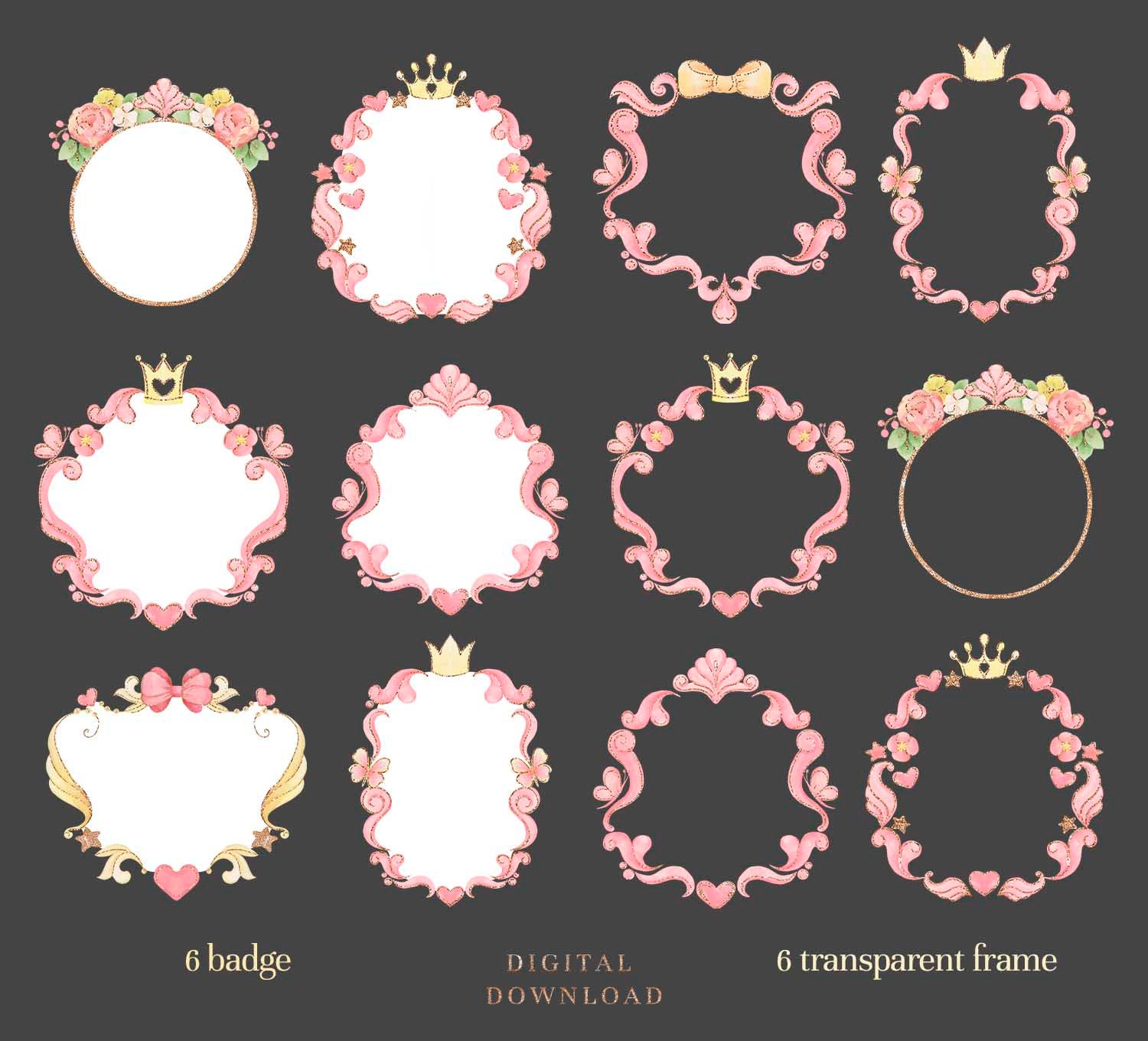 Watercolor Princess Frame Clipart: Pink Floral Glitter Frames (PNG ...