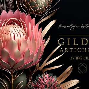 Blumen Clipart, Goldfolie und rosa Blumen, Florales digitales Papier, digitaler Download.