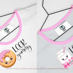 May include: Two white t-shirts with pink trim, one with a donut and the text "LOOK yummy" and the other with a carton of milk and the text "LOOK funny".