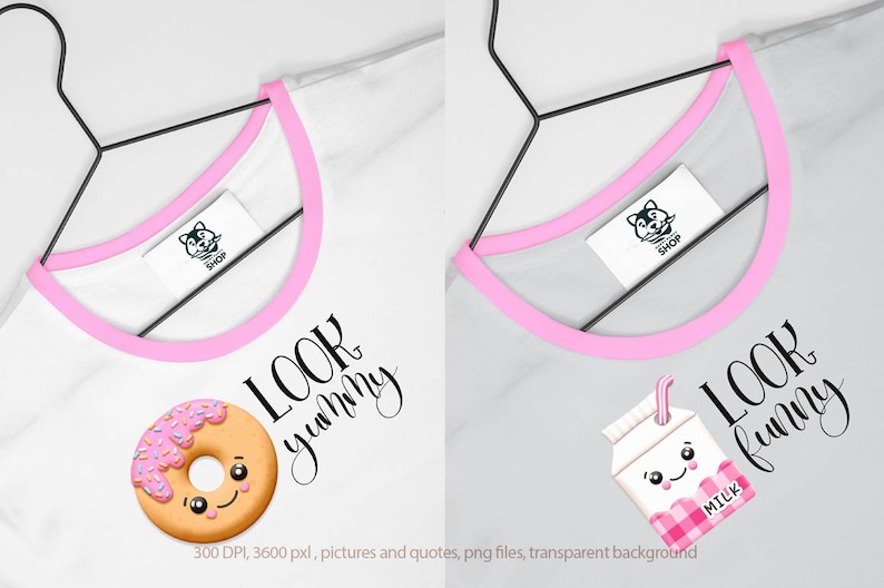 May include: Two white t-shirts with pink trim, one with a donut and the text "LOOK yummy" and the other with a carton of milk and the text "LOOK funny".