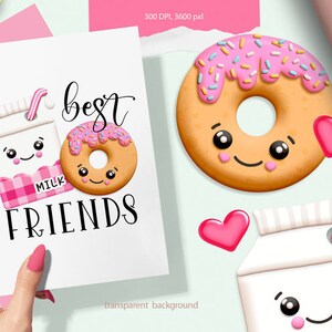 May include: A card with the text "best friends" and illustrations of a carton of milk and a donut with pink frosting and sprinkles. The milk carton and donut have cute cartoon faces.